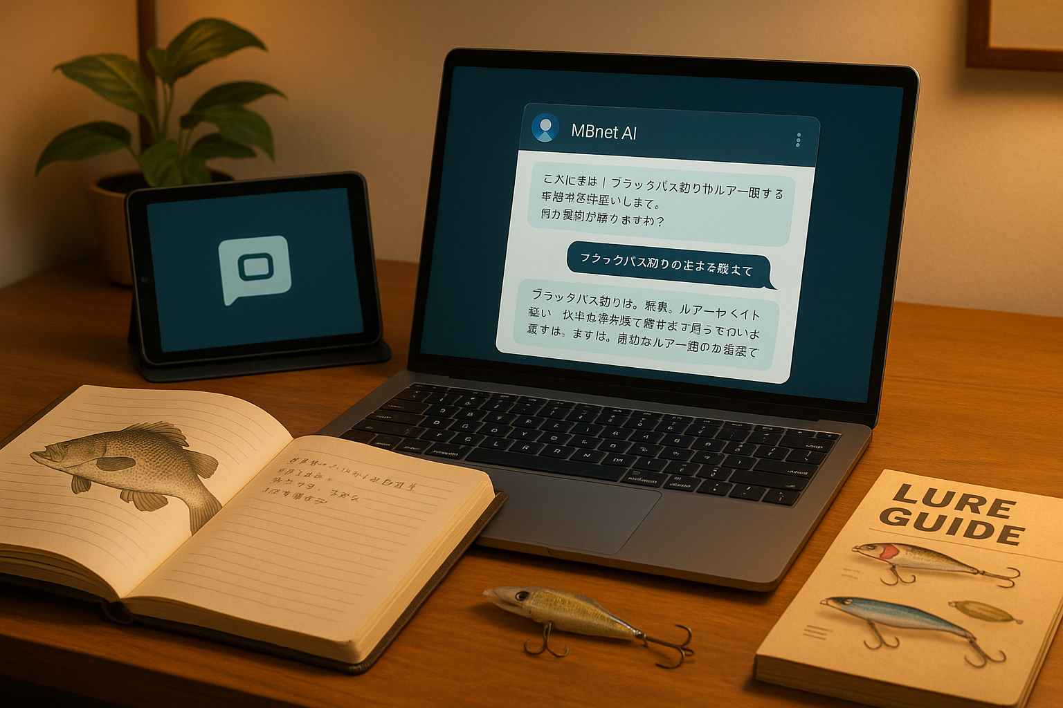 屋内での学習：ノートPCとタブレット、釣りノートとルアー資料