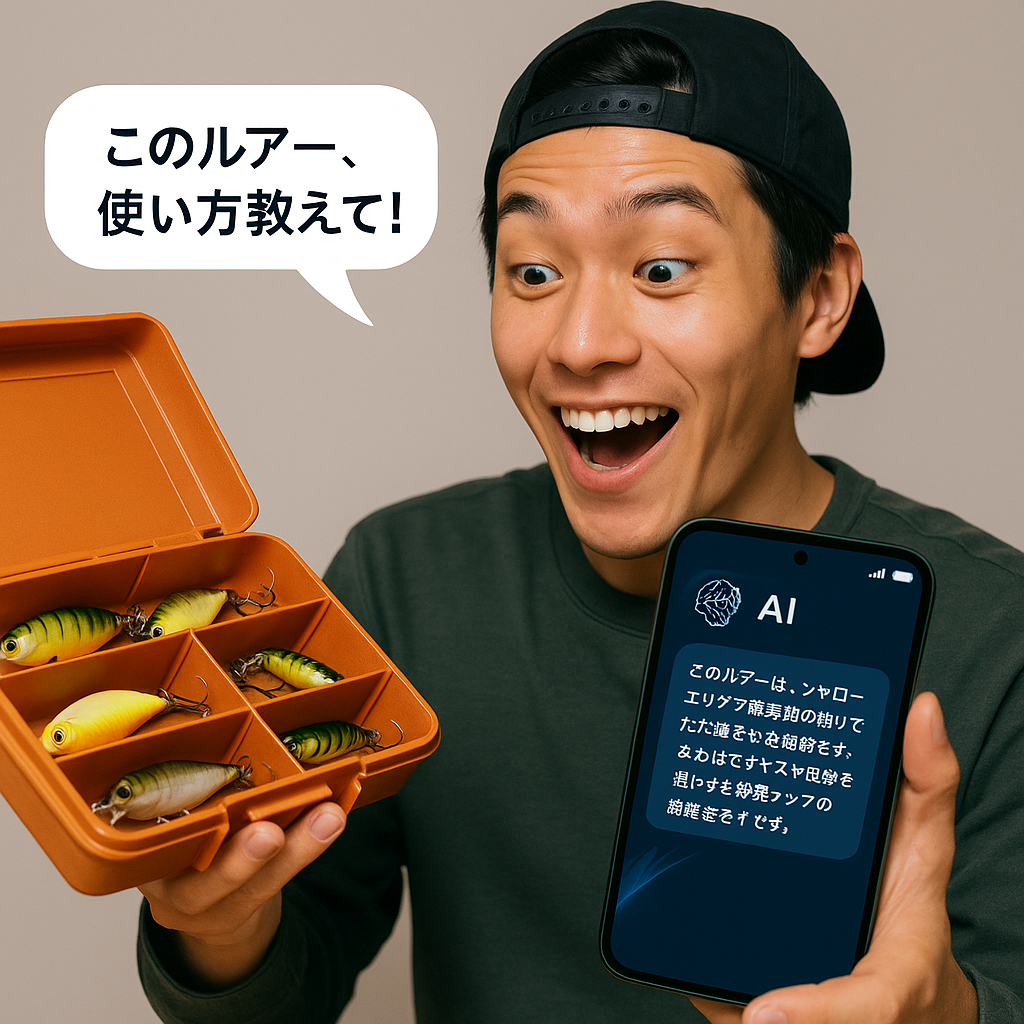 タックルボックスとスマホを持ち『このルアー、使い方教えて！』と質問する青年の写真