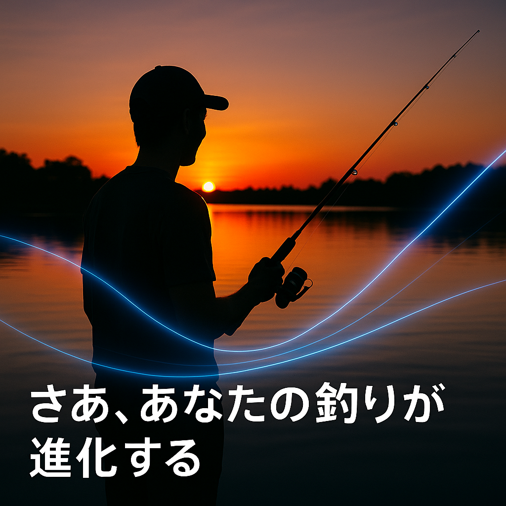 夕焼けの湖でロッドを構え、光のラインに包まれたアングラーのシルエットと『さあ、あなたの釣りが進化する』の文字