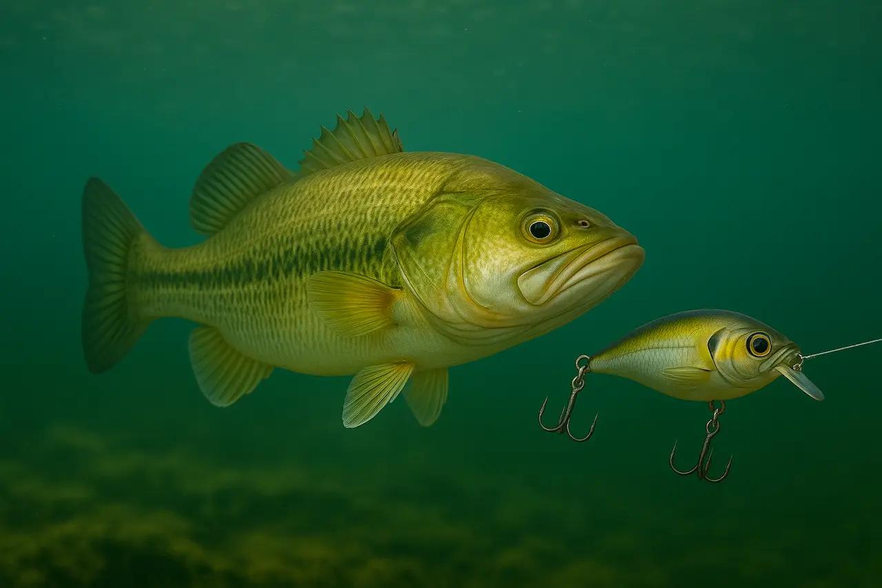 水中でクランクベイトに接近しながら観察しているラージマウスバス