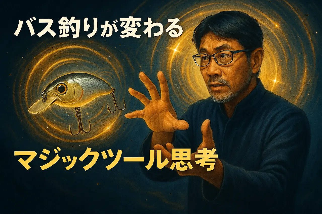 バス釣りが変わる「マジックツール思考」をテーマに、宙に浮かぶルアーを真剣な表情で操るまるりんと、黄金色の魔法陣が輝く高精細サムネイルイラスト