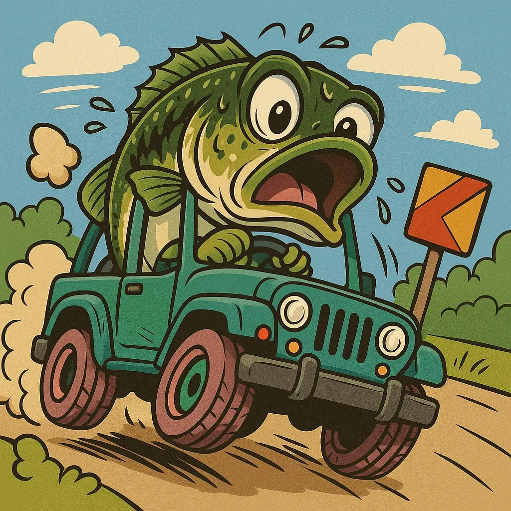 車を運転してカーブで慌てているコミカルなブラックバスのイラスト