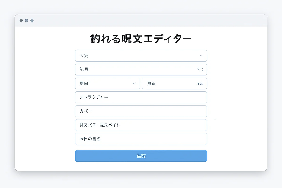 釣れる呪文エディターの入力フォーム全体が表示された画面イメージ