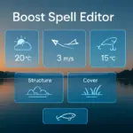 夕暮れの湖にデジタルUIが浮かぶ、釣れる呪文エディターのメインビジュアル画像