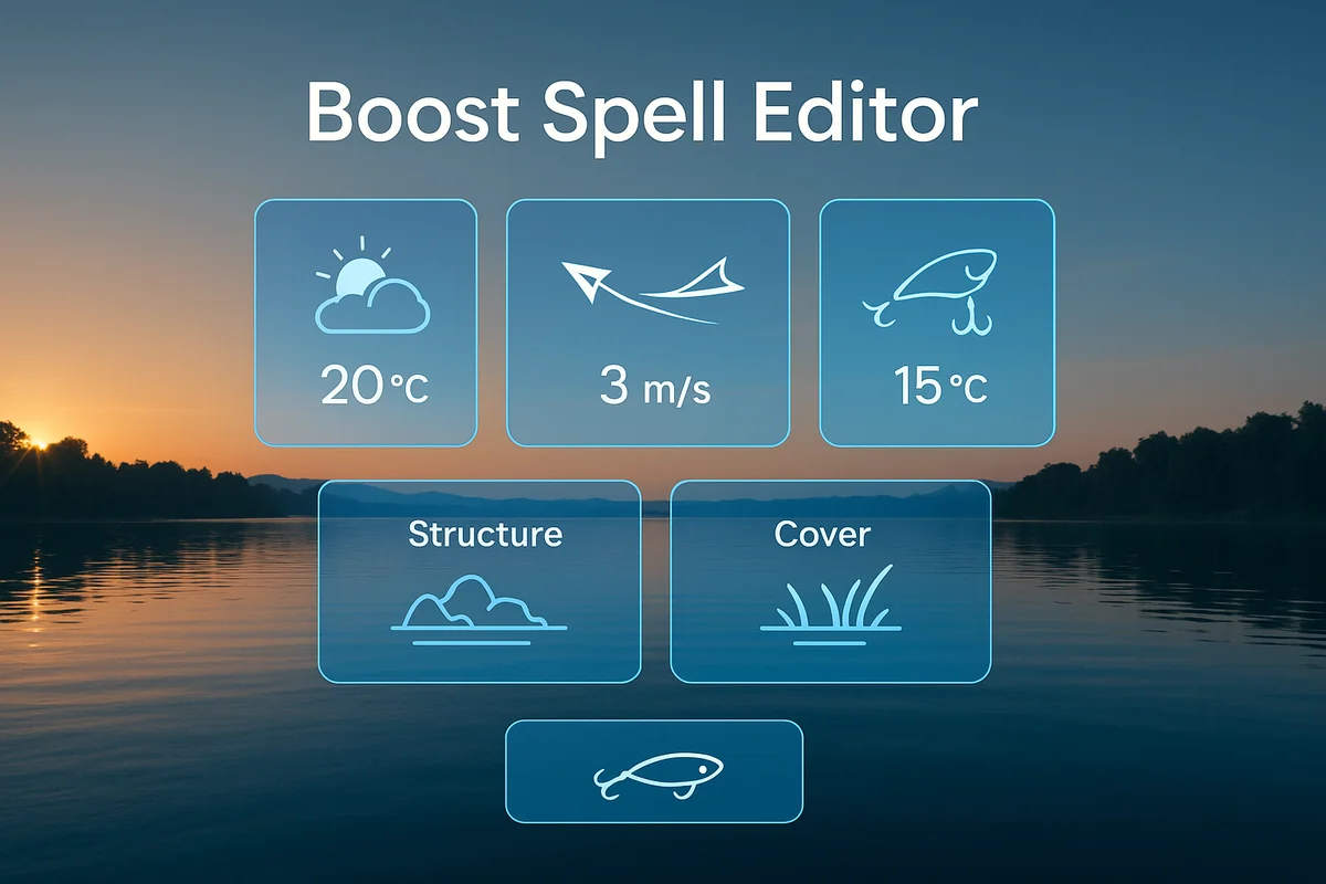 夕暮れの湖にデジタルUIが浮かぶ、釣れる呪文エディターのメインビジュアル画像