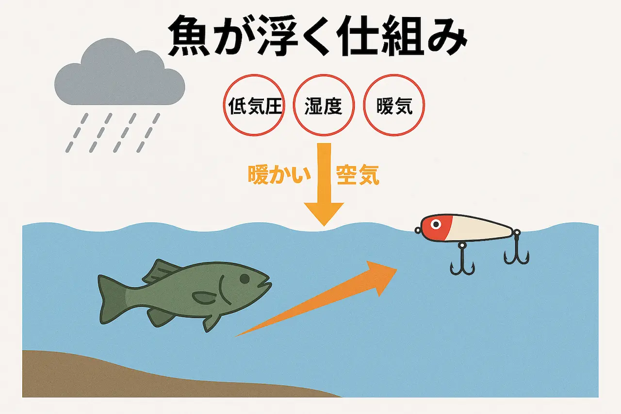 冬トップが成立する条件である低気圧＋湿度＋暖気を視覚的に示した図。冬でも魚が浮くタイミングを説明している。