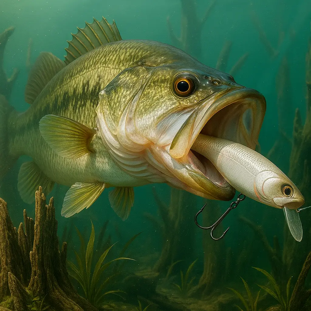 ルアーを大きく口を開けて丸飲みしようとしているラージマウスバス