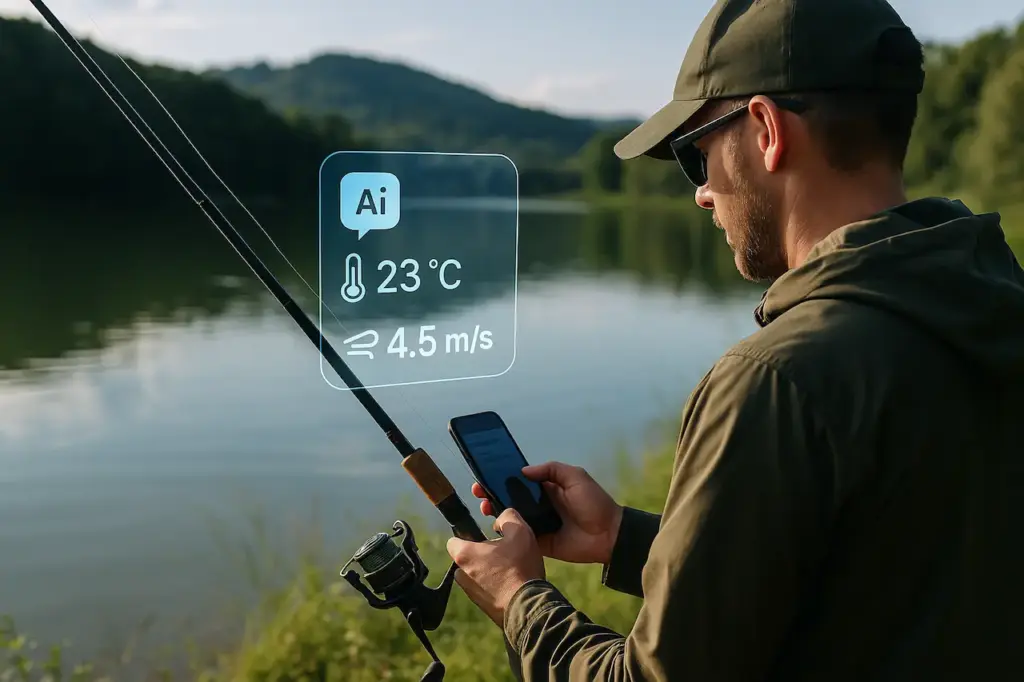 釣り場でスマホを使い水温や風速などAIの気象情報を確認するアングラー