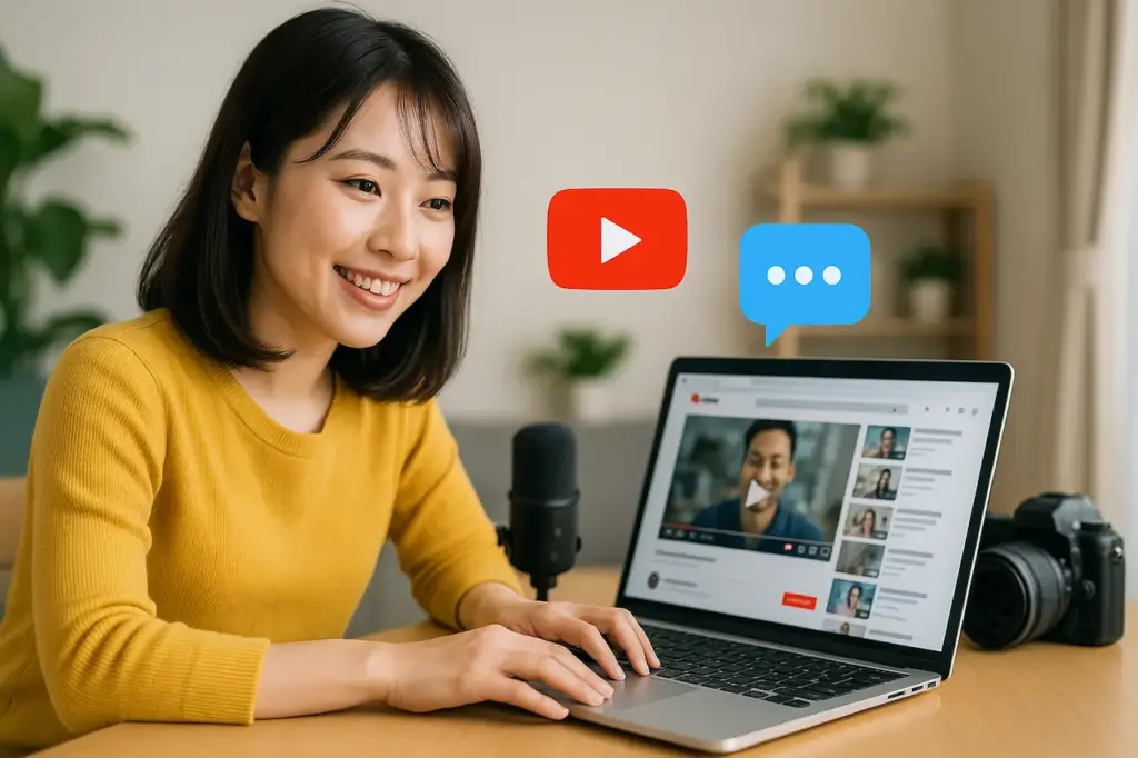 パソコンでYouTube動画の編集や配信準備をする女性の作業シーン