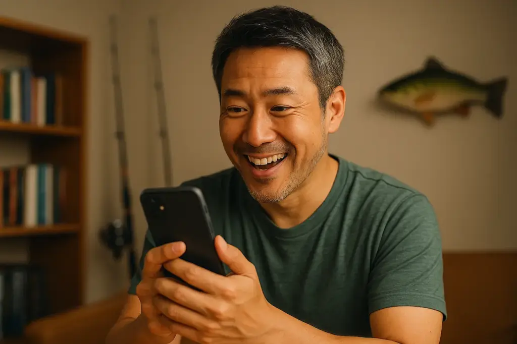 スマートフォンを見て喜んでいる40代男性の表情