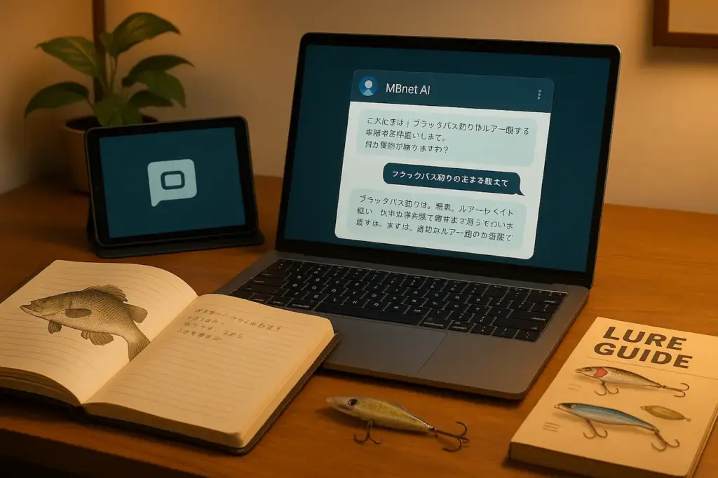 パソコンでAIチャットを使いバス釣りの学習をしているデスク周りの様子