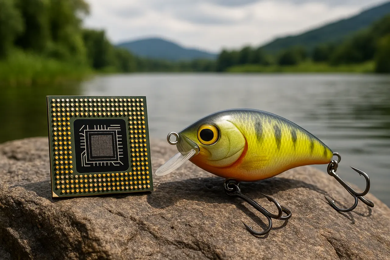 バスルアーとAIチップが並べられた未来的なコンセプト写真