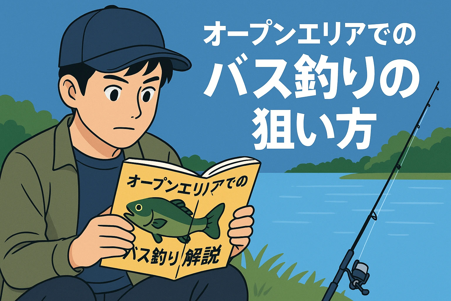 オープンエリアでのバス釣り解説本を読むアングラーのイラスト