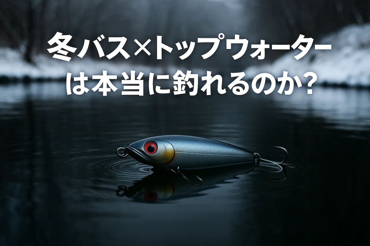冬のバス釣りでトップウォーターは本当に成立するのかを解説するためのイメージ画像。冬の湖面に浮くトップウォータールアー。