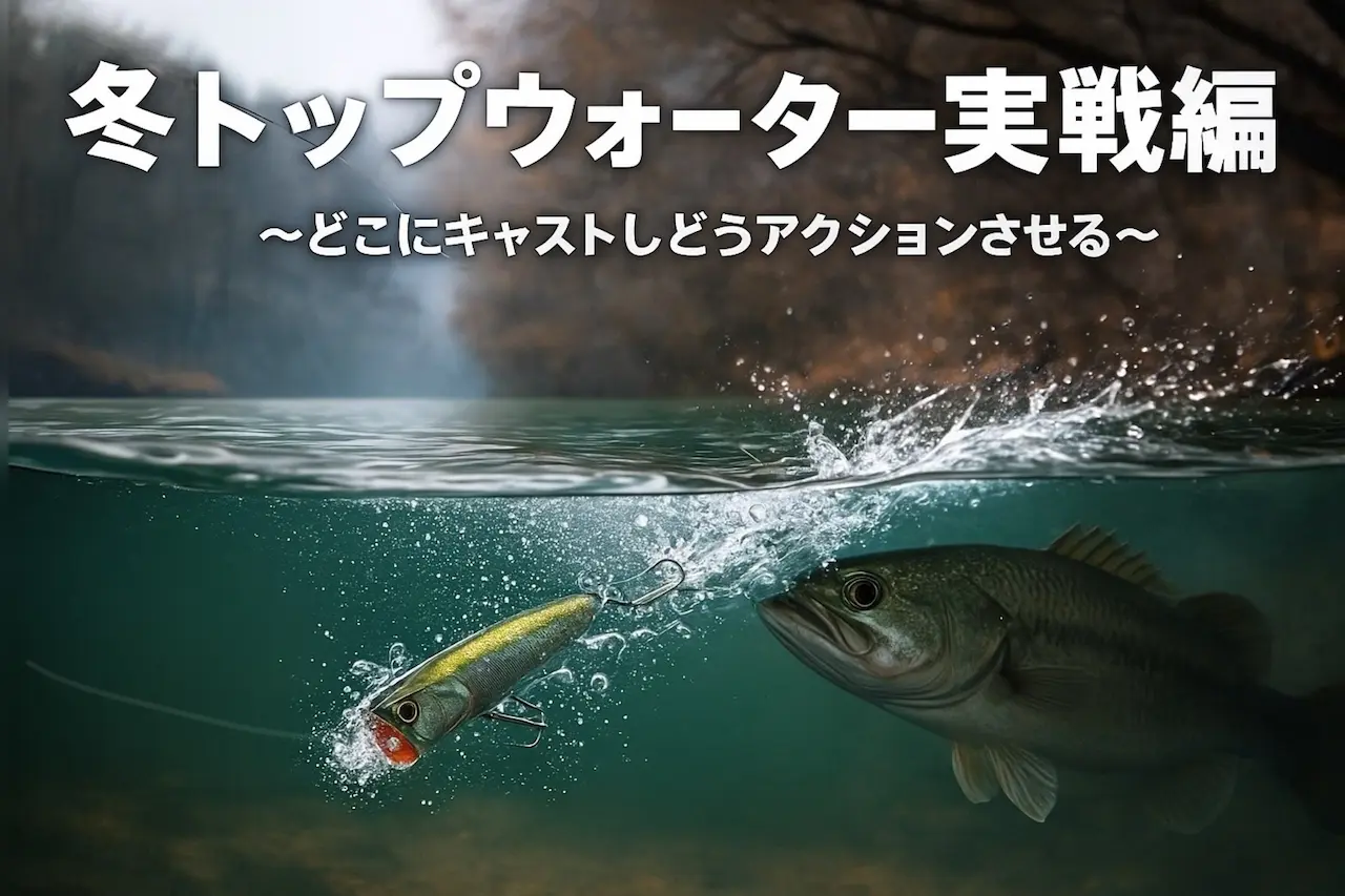 冬のトップウォーターで水面下からルアーに迫る大型バスの水中スプリット写真