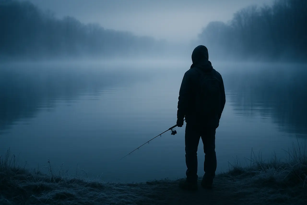 冬の朝の湖で、水温低下による状況の変化に気づくアングラーのシルエット