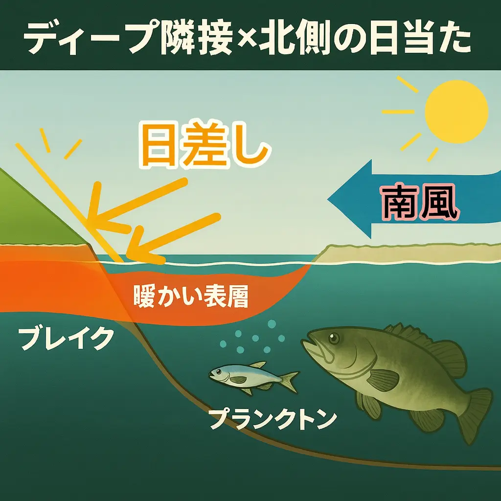 ディープ隣接と北側日当たりでベイトとバスが寄る流れ