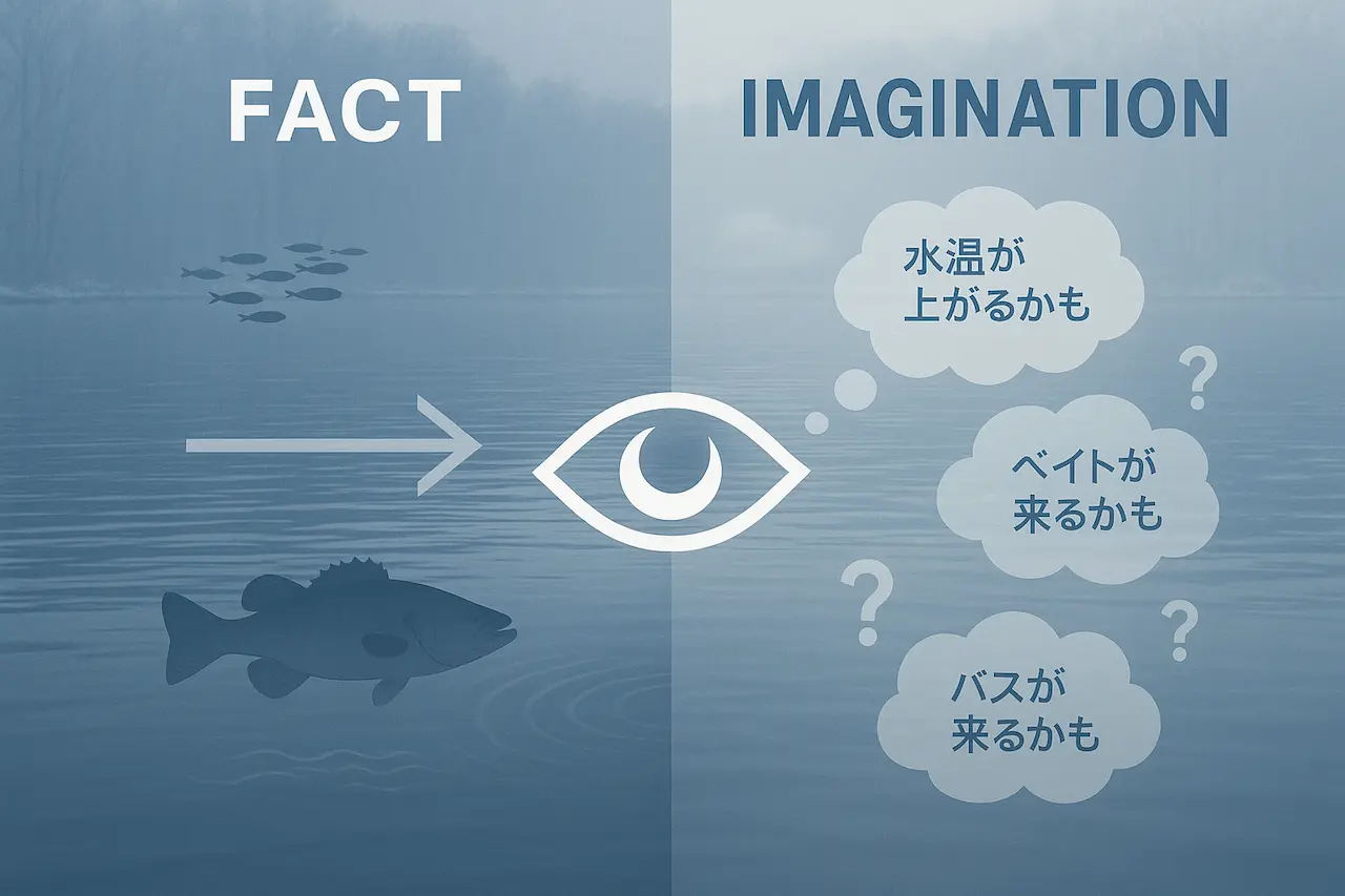 事実と想像を比較した冬の湖の対比図