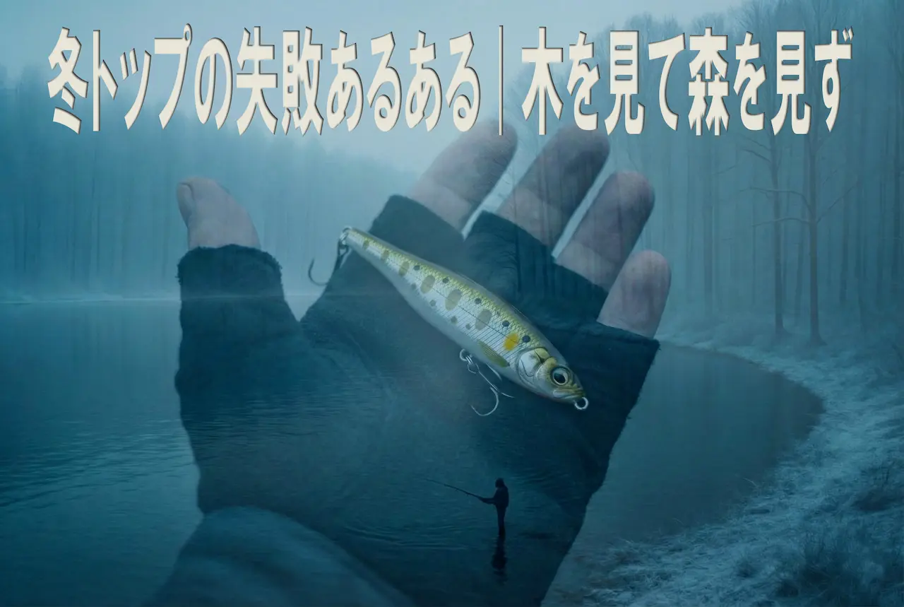 冬トップが釣れない理由を象徴する、冬の湖とルアーを持つ手のイメージ画像。木を見て森を見ずという視点を表現。