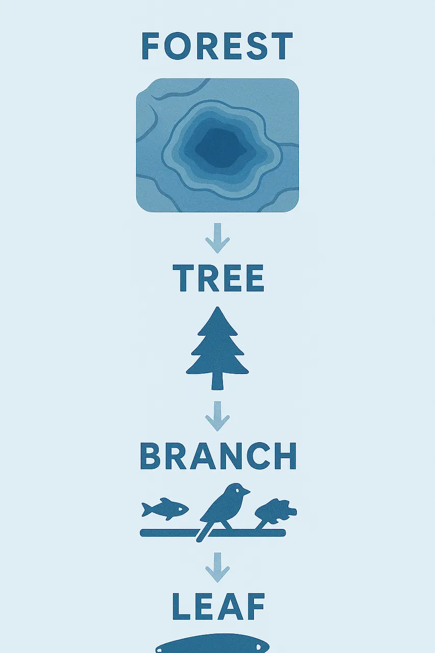 森から葉までの4段階フローチャート図