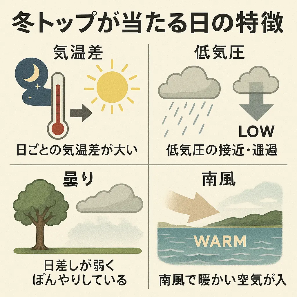 冬にトップウォーターが当たりやすい日の特徴をまとめた図。低気圧、湿度、暖気、気温差などが揃うとバスが浮きやすいことを示す。