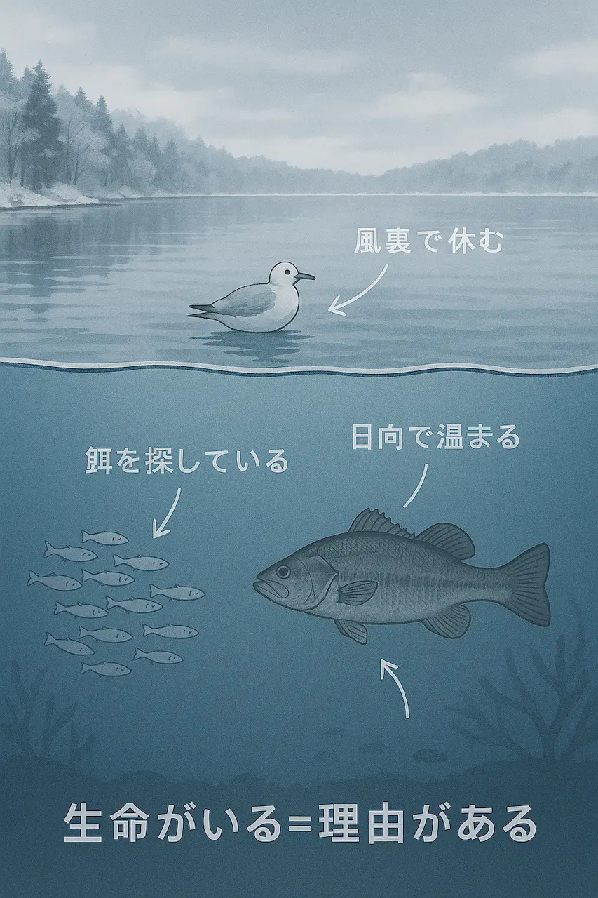 ベイト・バス・鳥など冬の生命感を示す図
