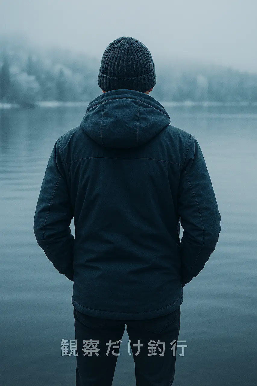 冬の湖を眺める釣り人の後ろ姿の写真