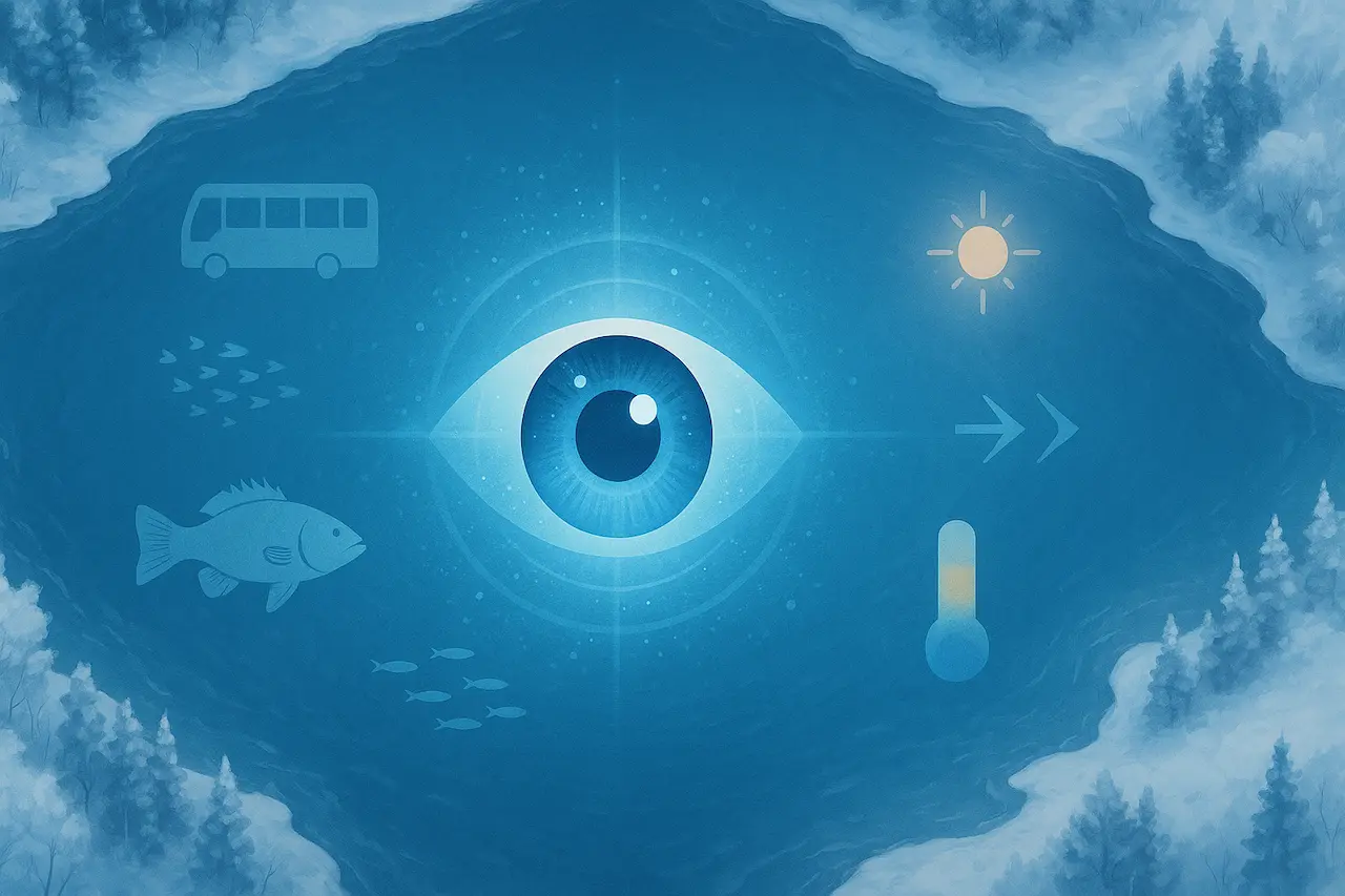 冬の湖と観察力を象徴する青い目のイラスト