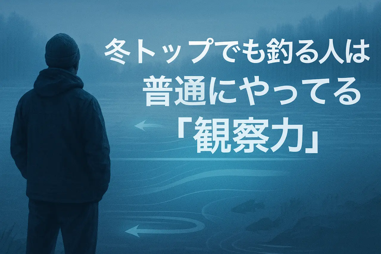 冬の湖を観察する男性と「冬トップでも釣る人は普通にやってる観察力」のアイキャッチ画像