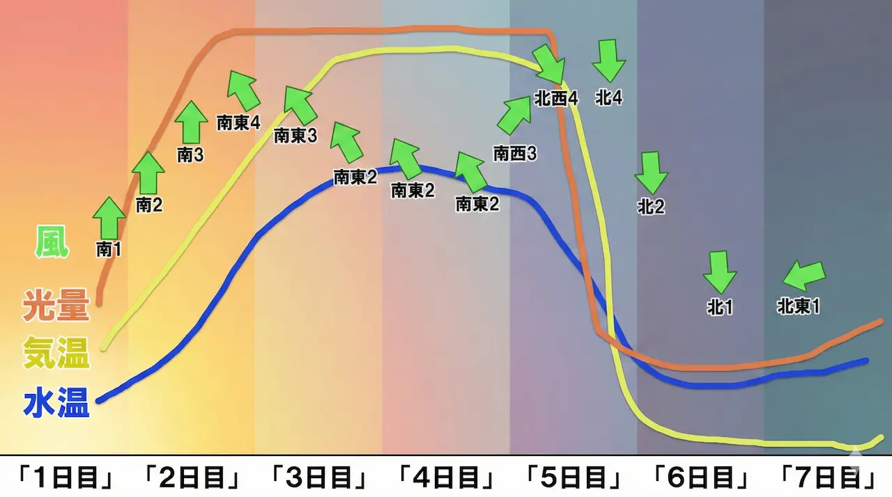 冬の水温・気温・光量・風向の総変化を時系列で示す図解