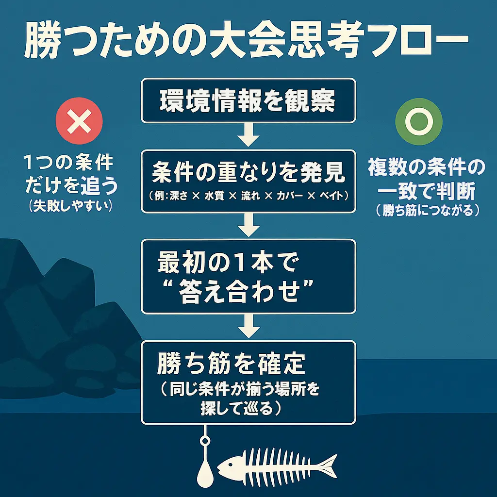 大会で勝ち筋を見つけるための思考フローを示す図解