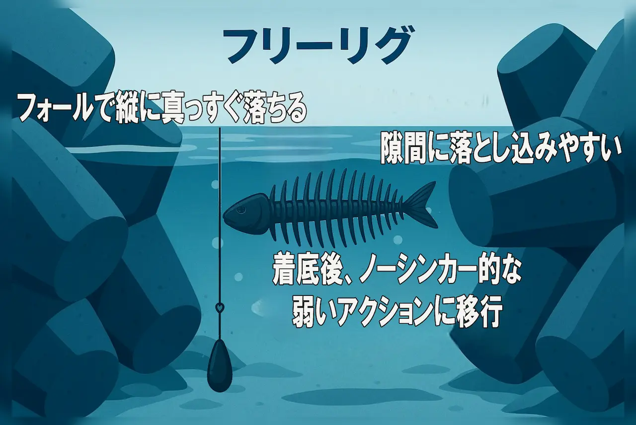 フリーリグがテトラの隙間に縦に真っすぐフォールし、着底後に弱いアクションへ移行する挙動の図解