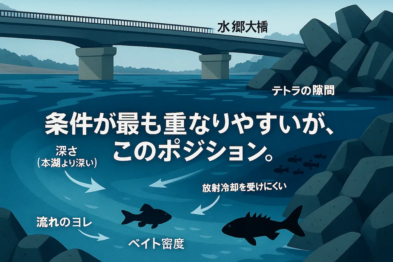 水郷大橋のテトラ周りで深さ・流れ・ベイトが重なる条件の最有力ポジションを示すフィールド解説図