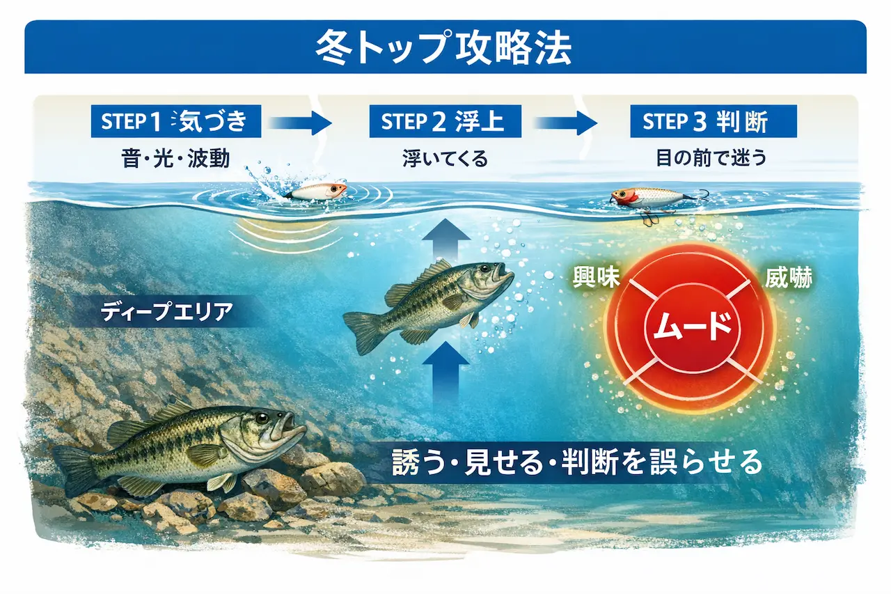 冬トップの3ステップ（気づき・浮上・食わせ）それぞれにムードが関与することを示す図
