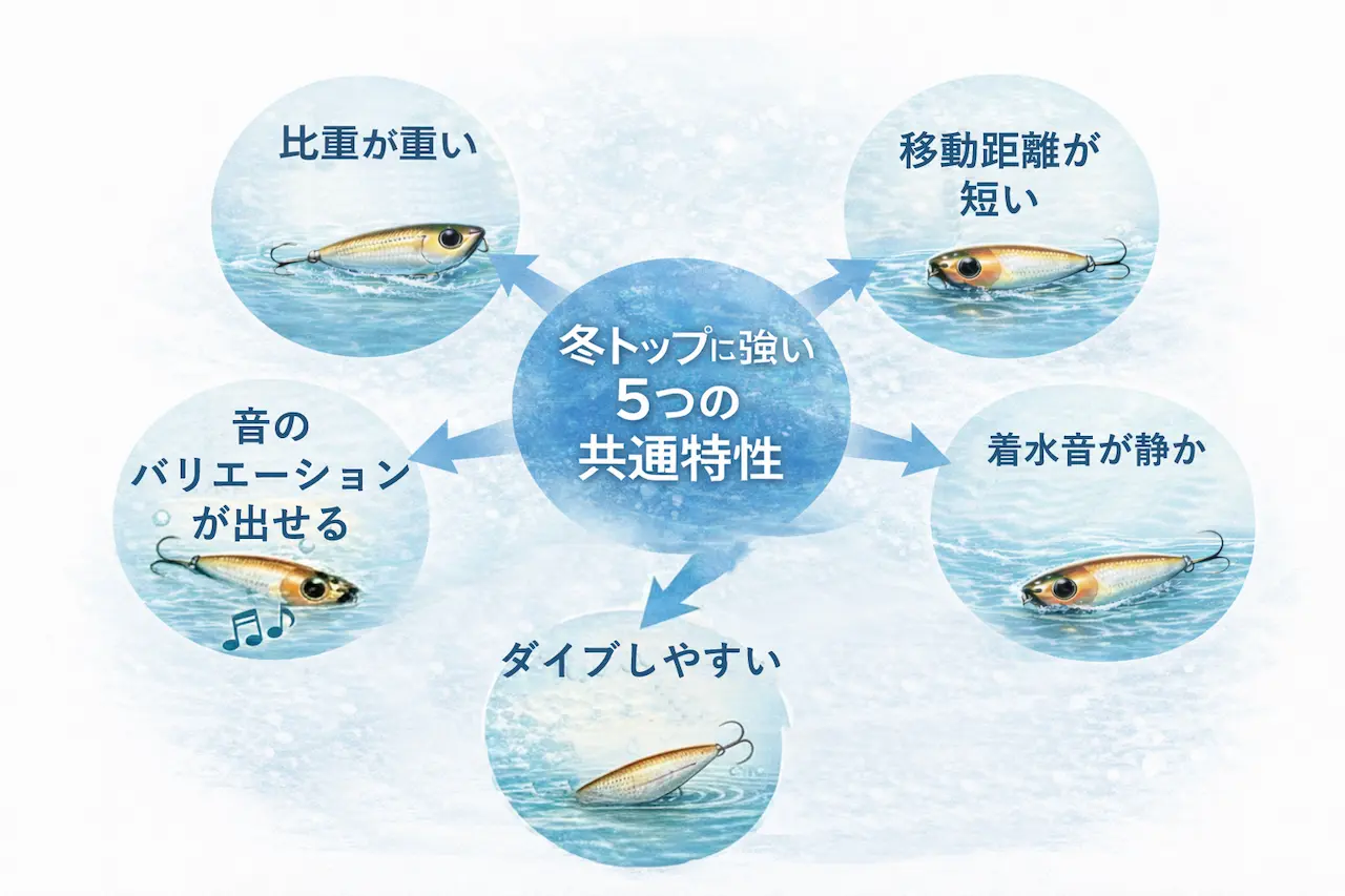 冬トップを成立させる5つの共通特性（比重・移動距離・着水音・音バリエーション・ダイブ）をまとめた図