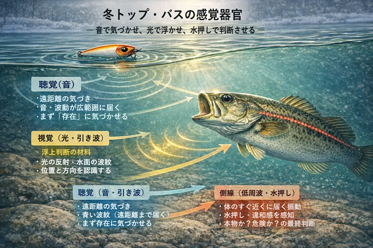 冬トップでバスが音・光・水押し（側線）でルアーを認識する仕組みを示す図解