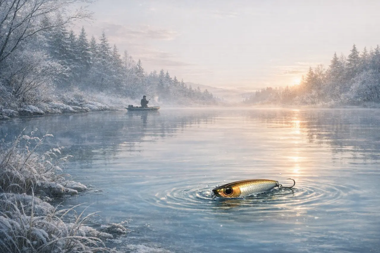 冬トップの実釣フィールド全体の雰囲気（水面の状態や季節感）を伝える写真