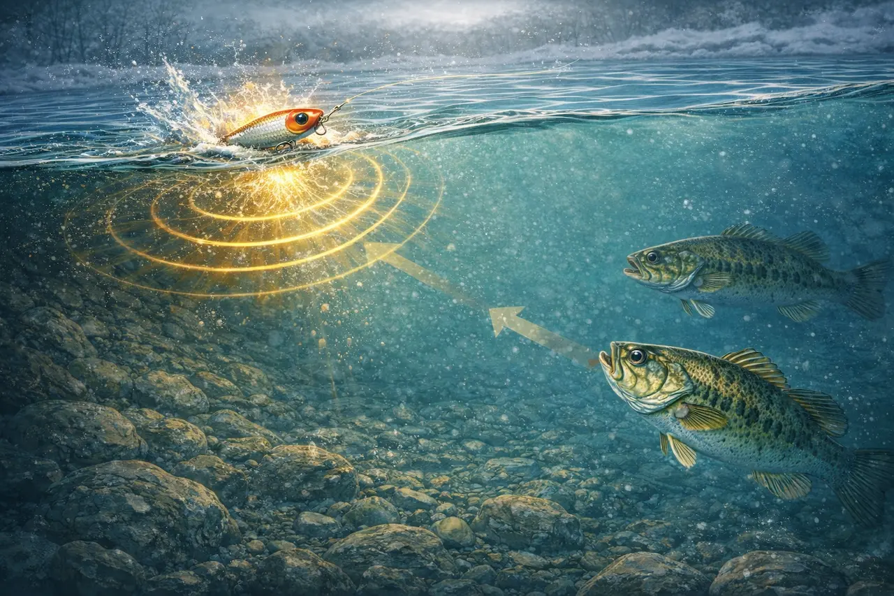 冬の深場のバスに、トップルアーの音や波動が届いて『存在に気づく』までを示す図