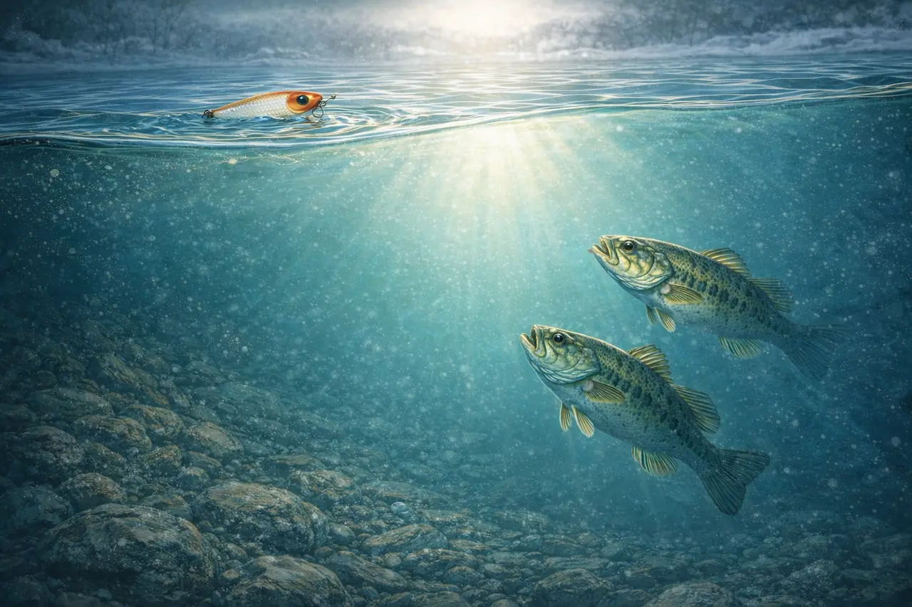 冬の深場から、ルアーの光や引き波に興味を持ってバスが浮上する流れを示す図