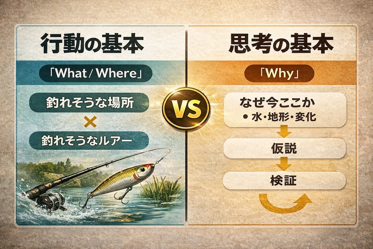 バス釣りにおける行動の基本と思考の基本の違いを示す図