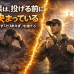 釣果は投げる前に決まっていると気づいたアングラーが、迷いから覚醒する瞬間を描いたイメージ