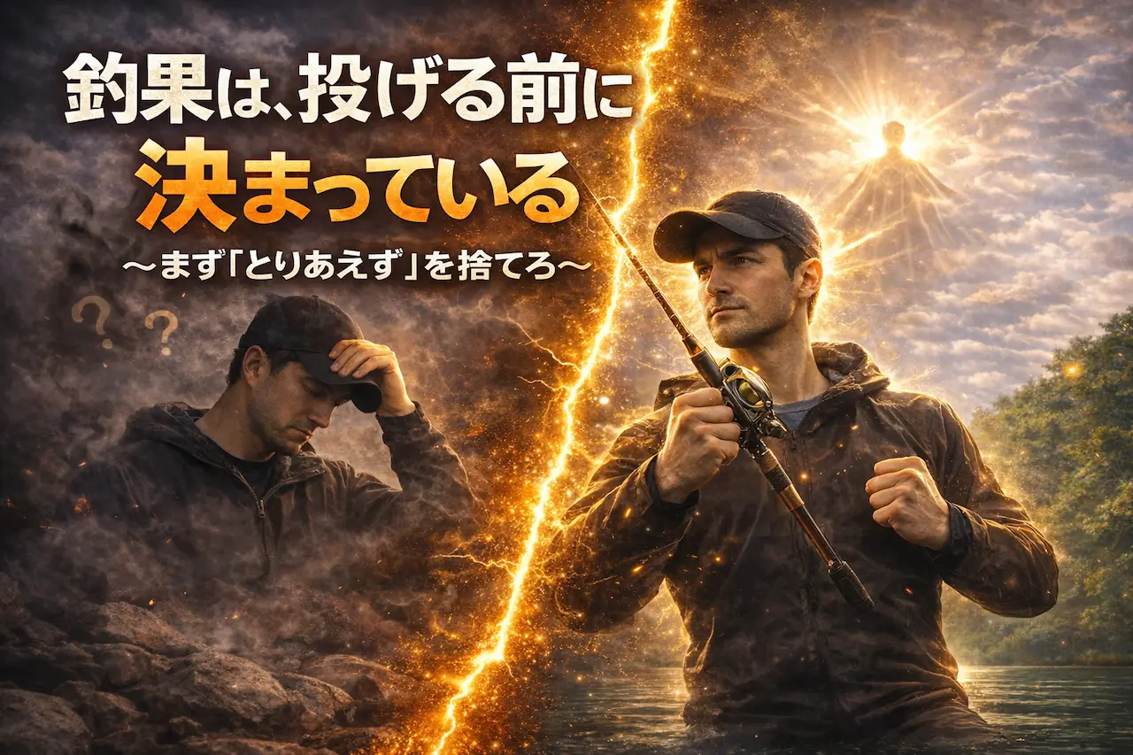 釣果は投げる前に決まっていると気づいたアングラーが、迷いから覚醒する瞬間を描いたイメージ