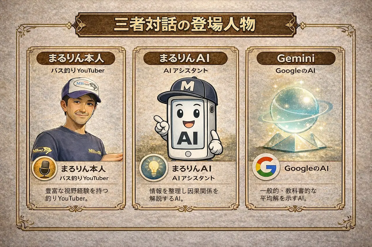 まるりん本人、まるりんAI、Geminiの三者の立場を示す紹介カード