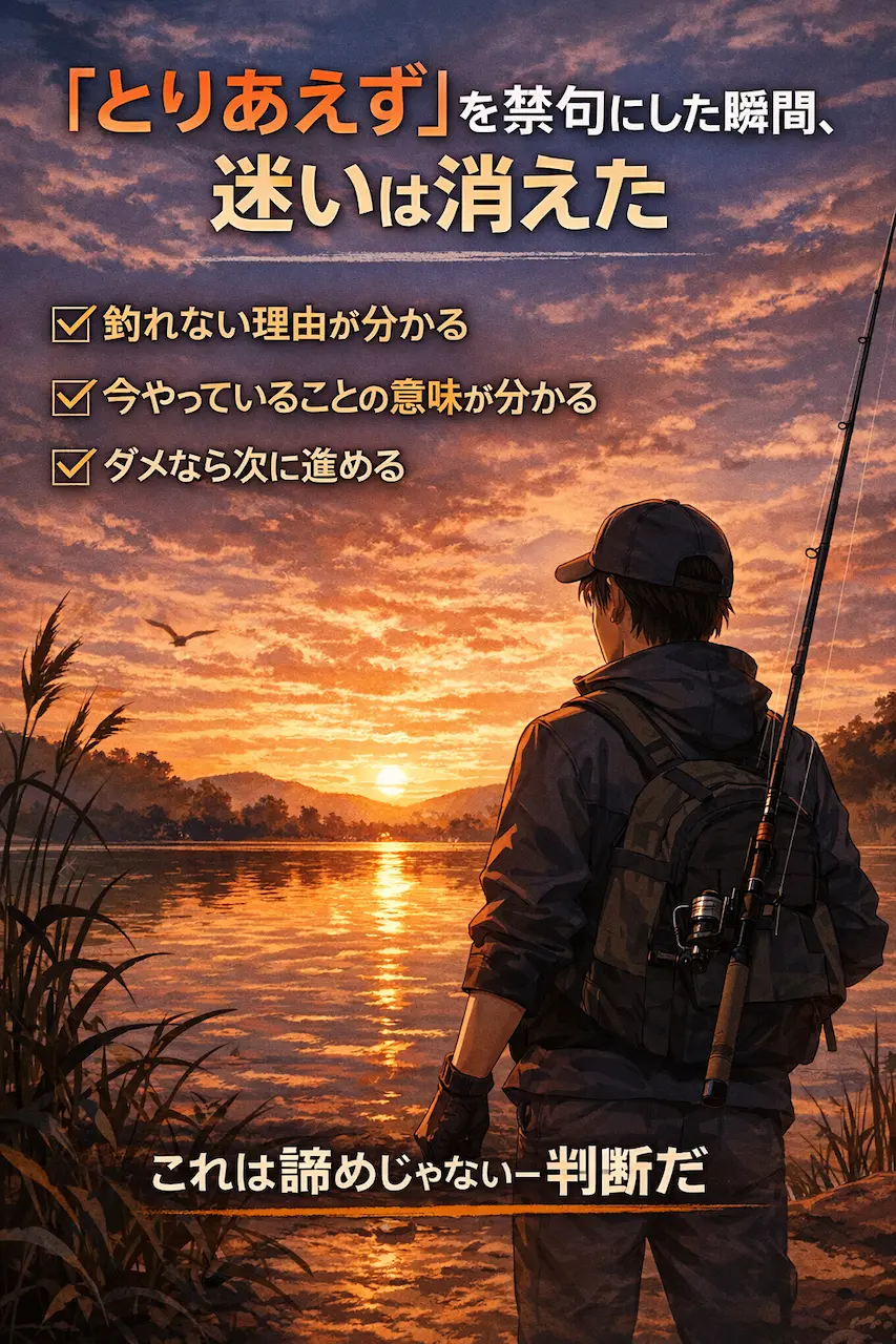 「とりあえず」を禁句にし、迷いが消えた瞬間のバスアングラーを描いたイラスト
