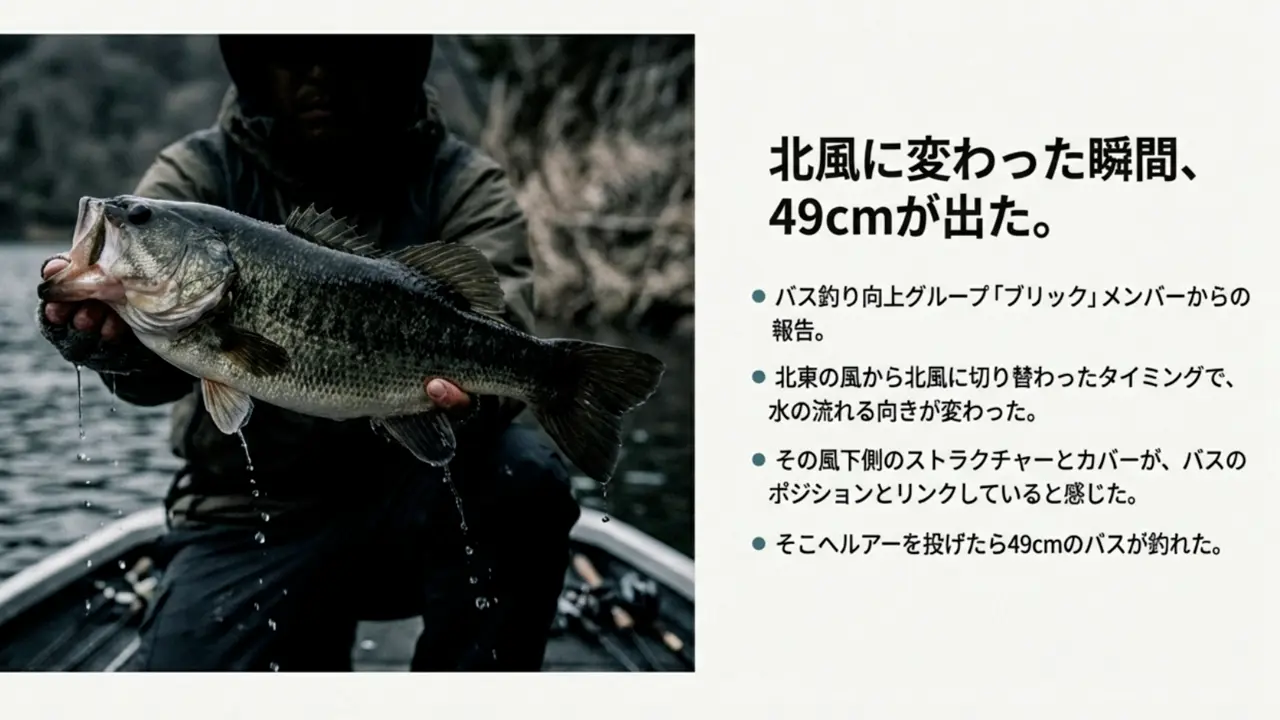 北風に変わったタイミングで釣れた49cmのブラックバス。条件が一瞬ハマった実例
