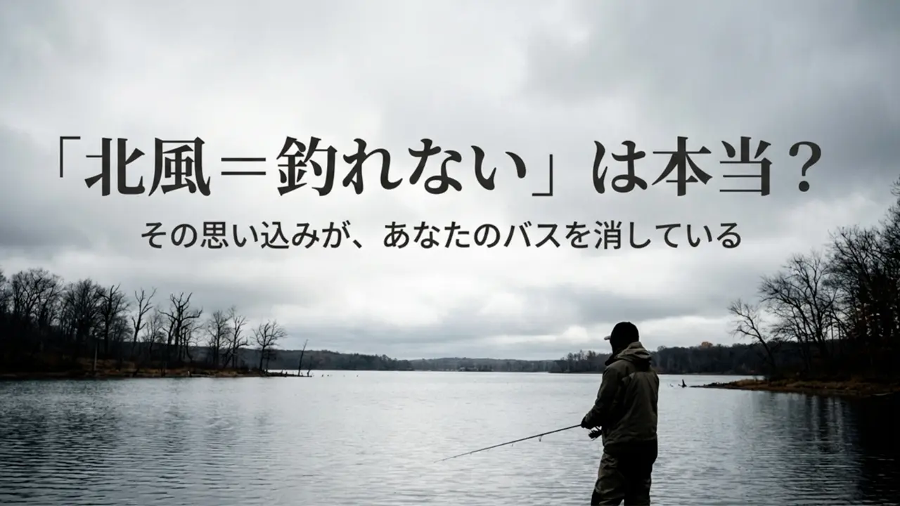 北風の中で湖に立つアングラーと「北風＝釣れない？」という問いを投げかけるアイキャッチ画像