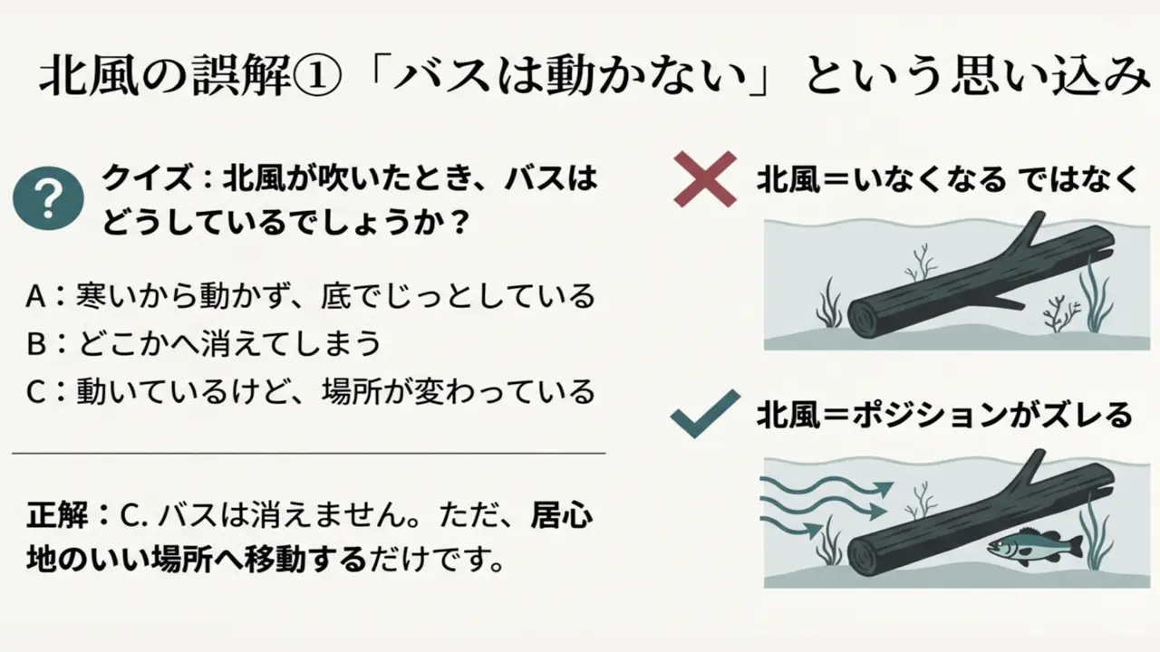 北風でバスが消えるのではなく、居心地の良い場所へ移動してポジションがズレることを示した図解
