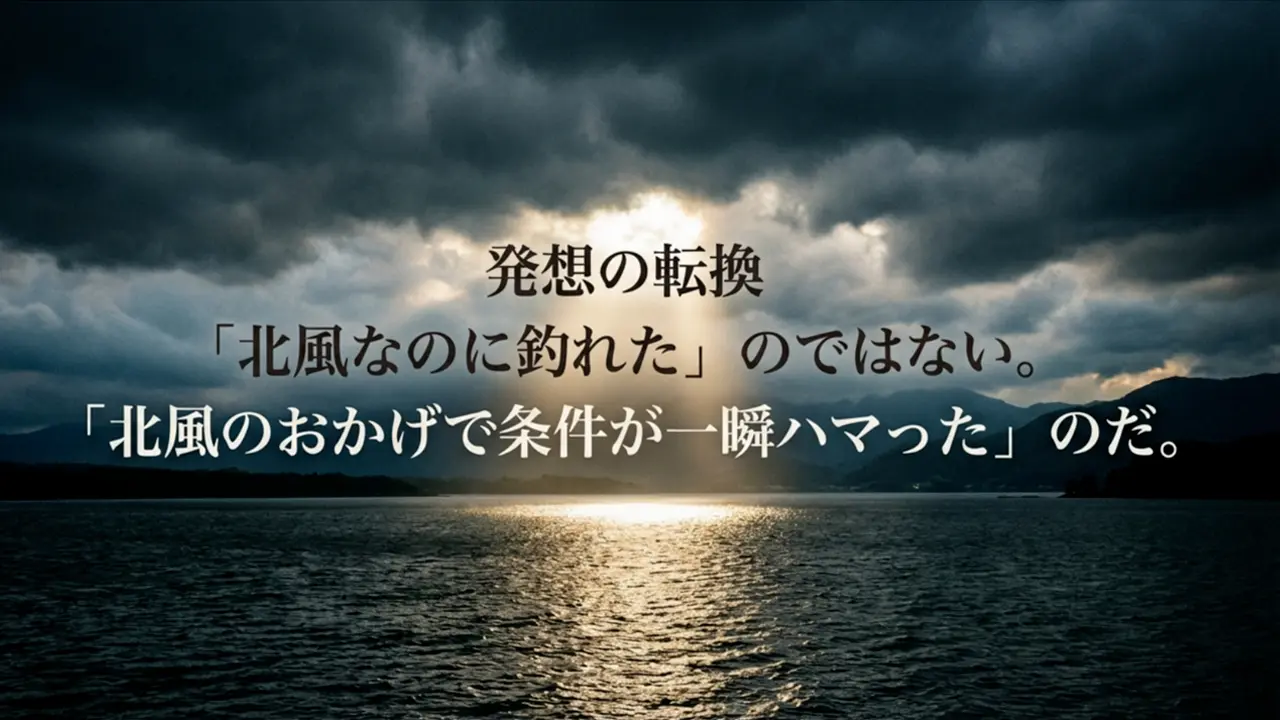 発想の転換：北風なのに釣れたのではなく、北風のおかげで条件が一瞬ハマったというメッセージ画像