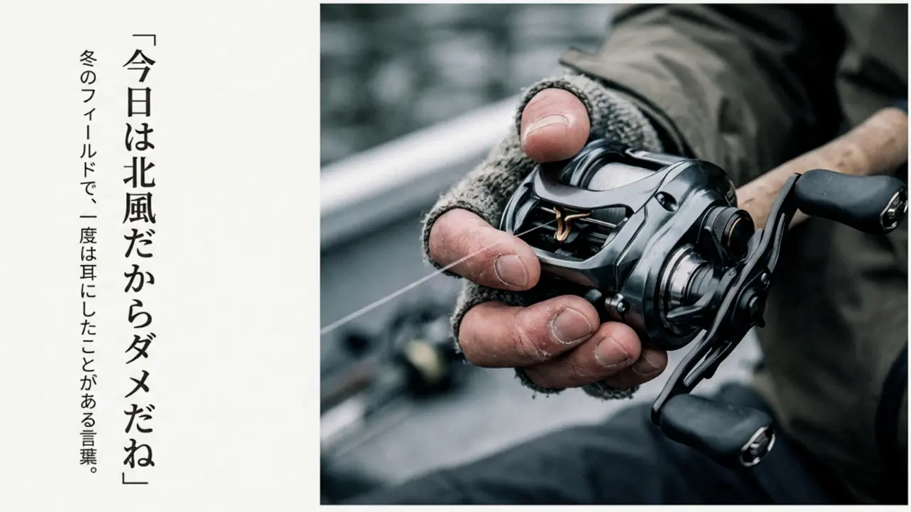 冬のフィールドでリールを握る手元。北風で厳しい状況を連想させるカット