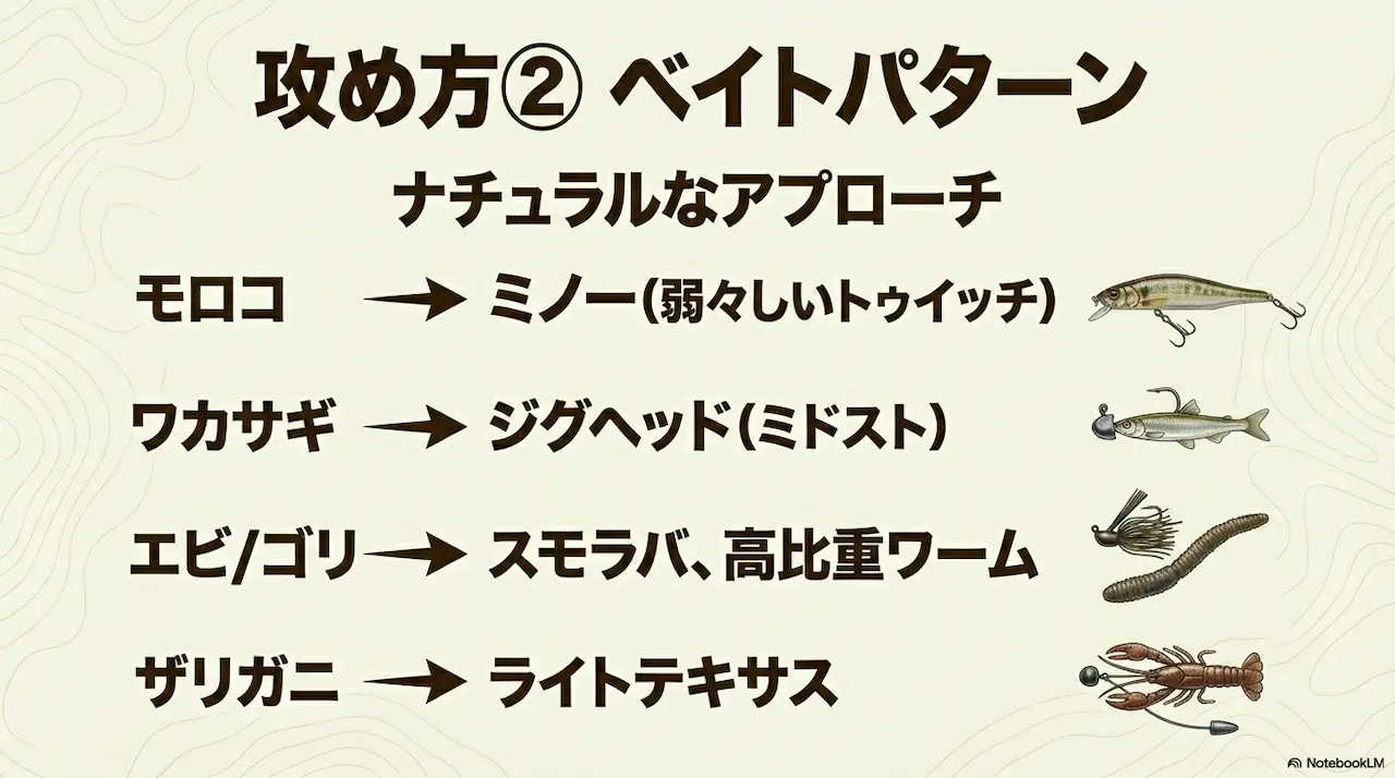 モロコワカサギエビパターン別ルアー選択例